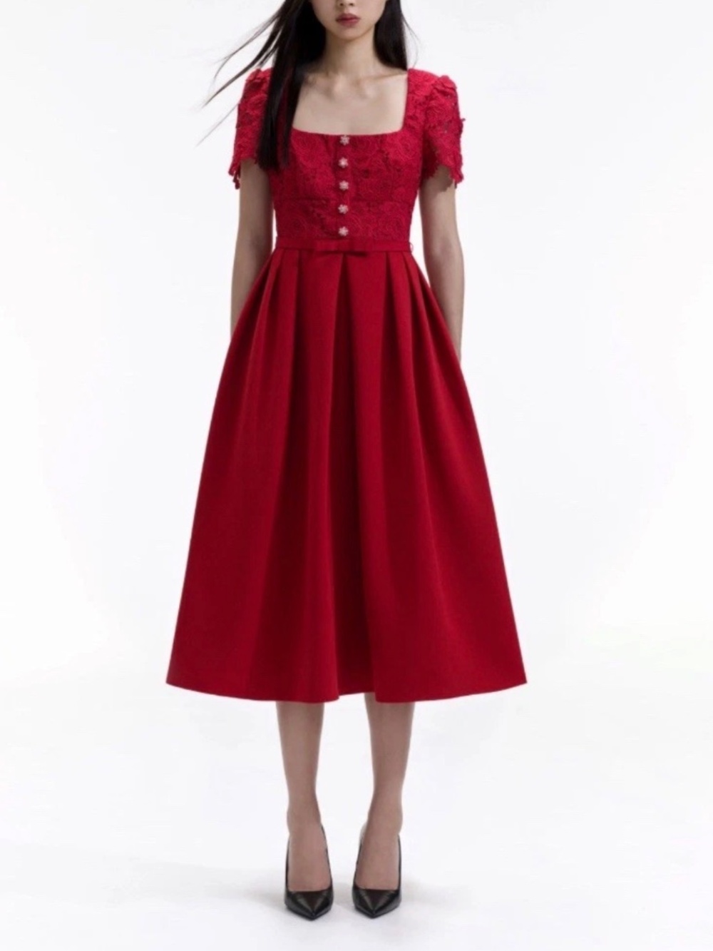 Self-portrait red lace crepe midi dress size 4 crystal buttons with pockets